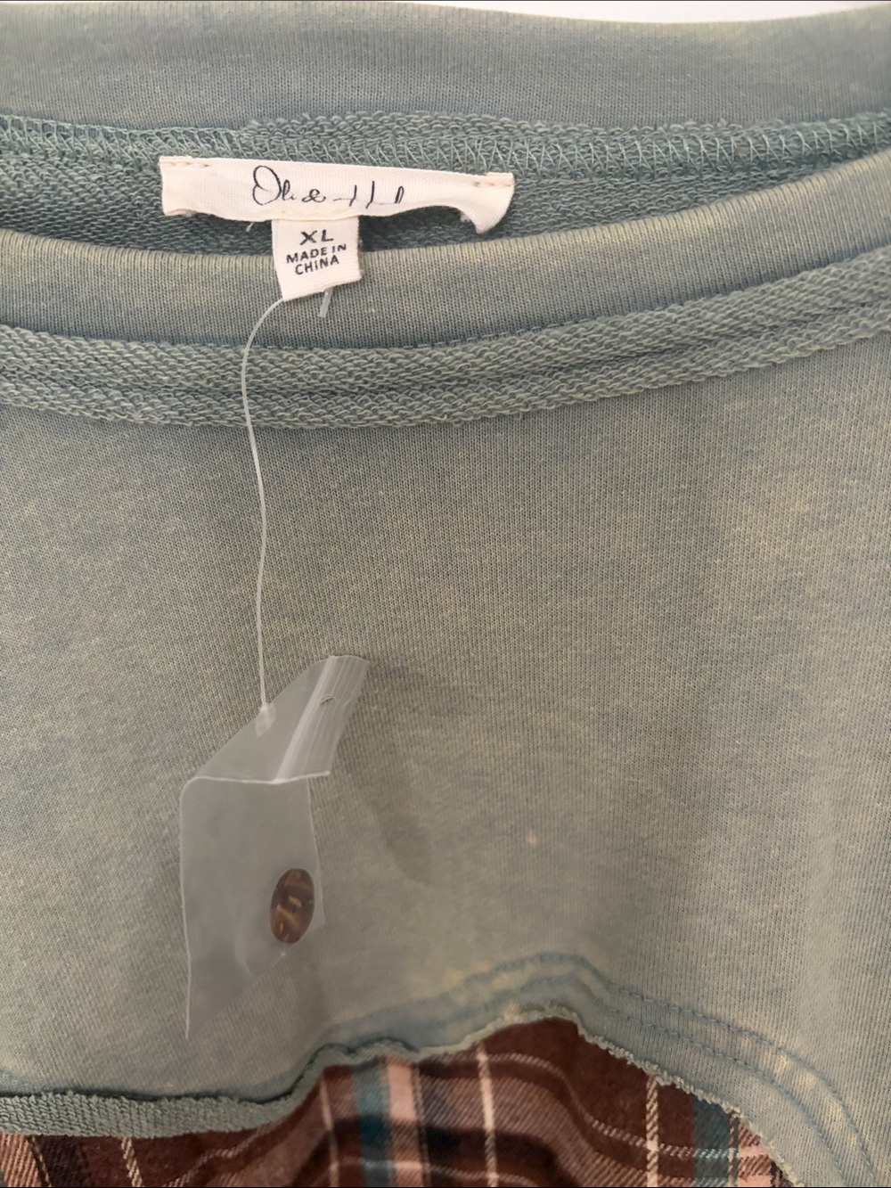 NWOT Oli & Hali Olive Green and Brown Plaid Patchwork Sweatshirt - Picture 2 of 3